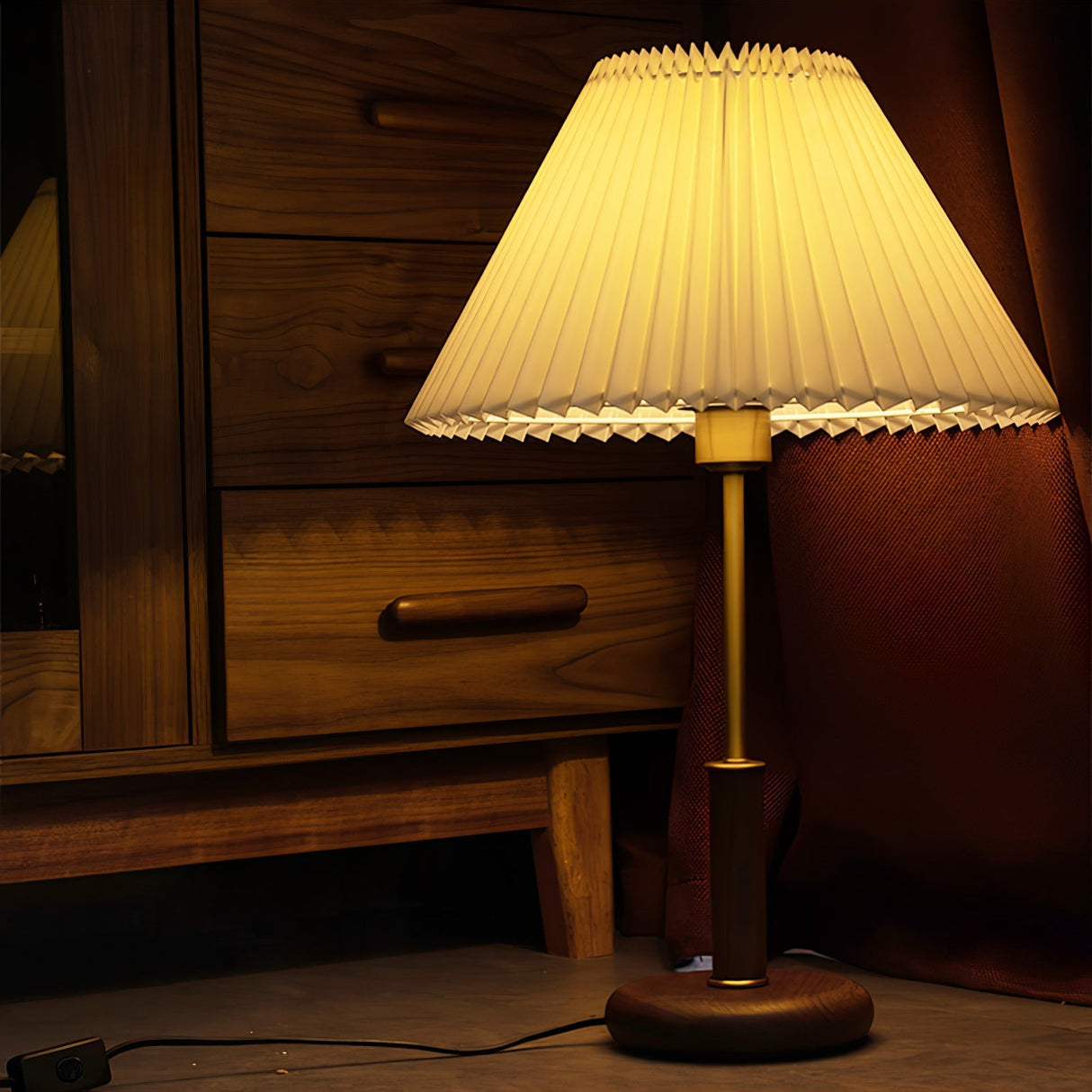 Mid-Century Table Lamp  Pleated Linen Shade with Gold  Walnut Base - Product detail 11