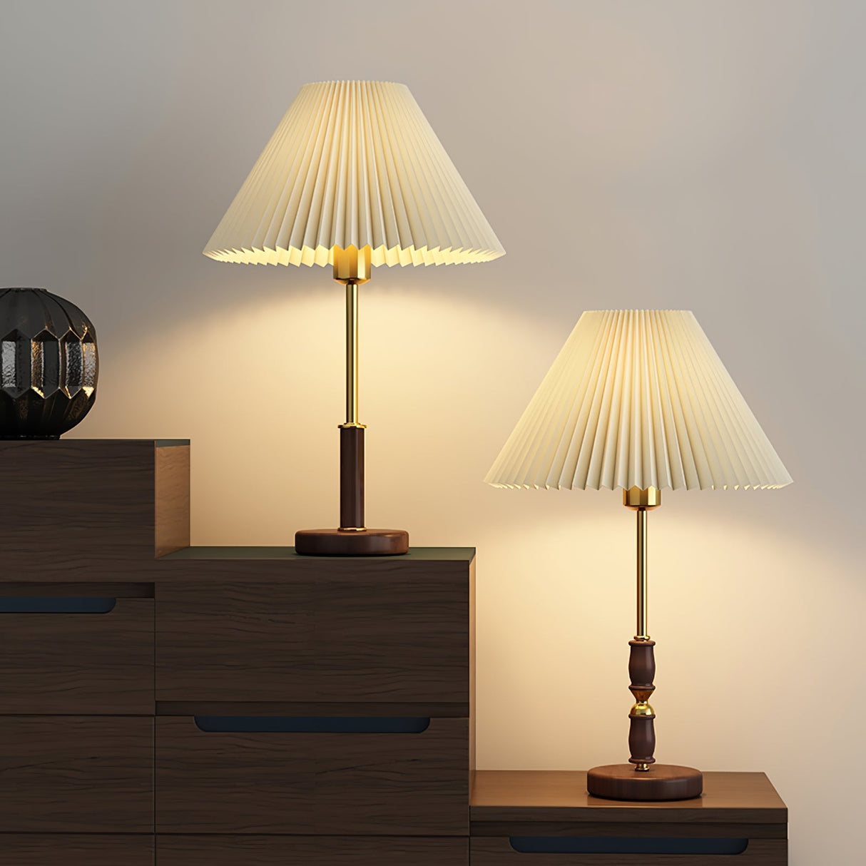 Mid-Century Table Lamp  Pleated Linen Shade with Gold  Walnut Base - Product detail 12