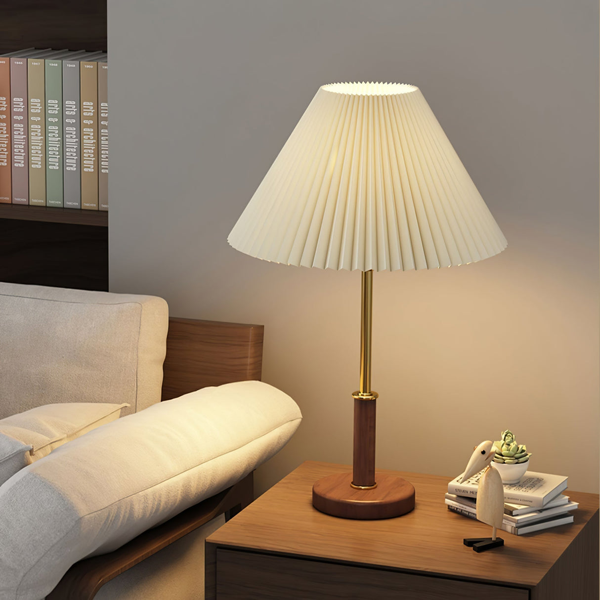 Mid-Century Table Lamp  Pleated Linen Shade with Gold  Walnut Base - Product detail 13