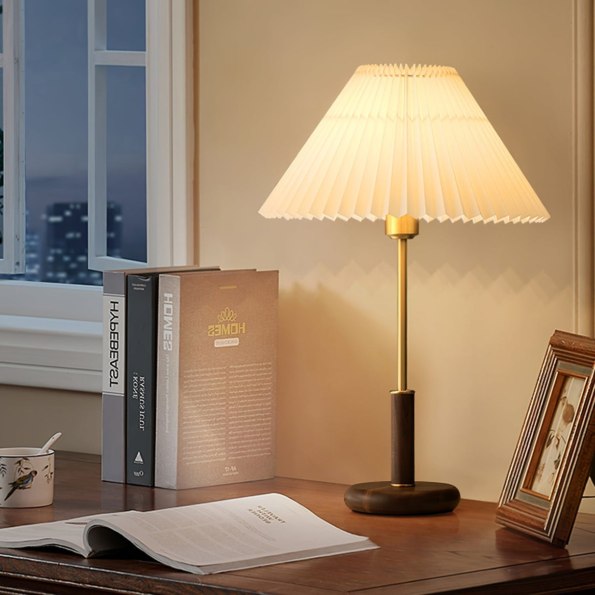Mid-Century Table Lamp  Pleated Linen Shade with Gold  Walnut Base - Product detail 14