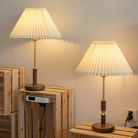 Mid-Century Table Lamp  Pleated Linen Shade with Gold  Walnut Base - Product detail 24
