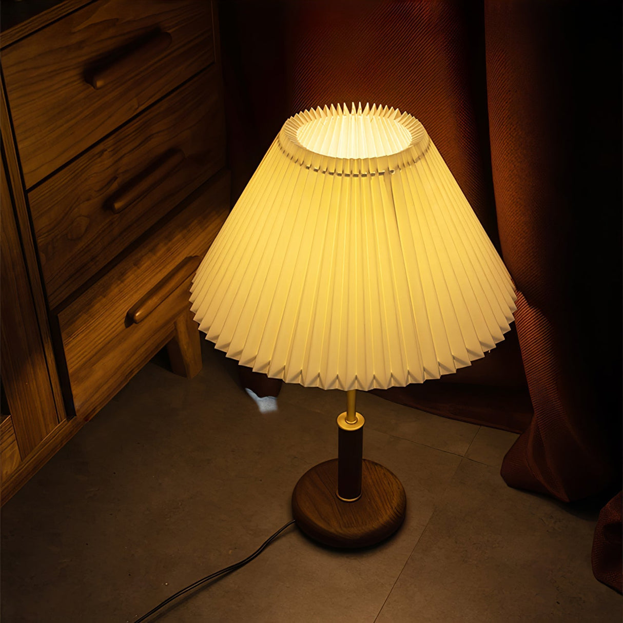 Mid-Century Table Lamp  Pleated Linen Shade with Gold  Walnut Base - Product detail 16