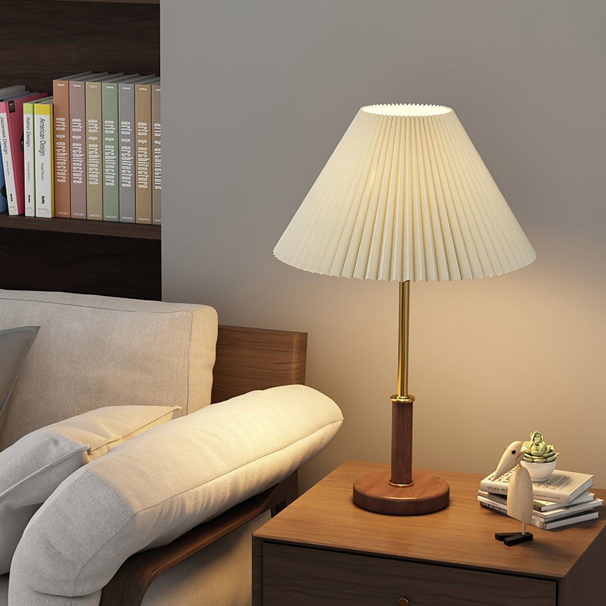 Mid-Century Table Lamp  Pleated Linen Shade with Gold  Walnut Base - Product detail 19