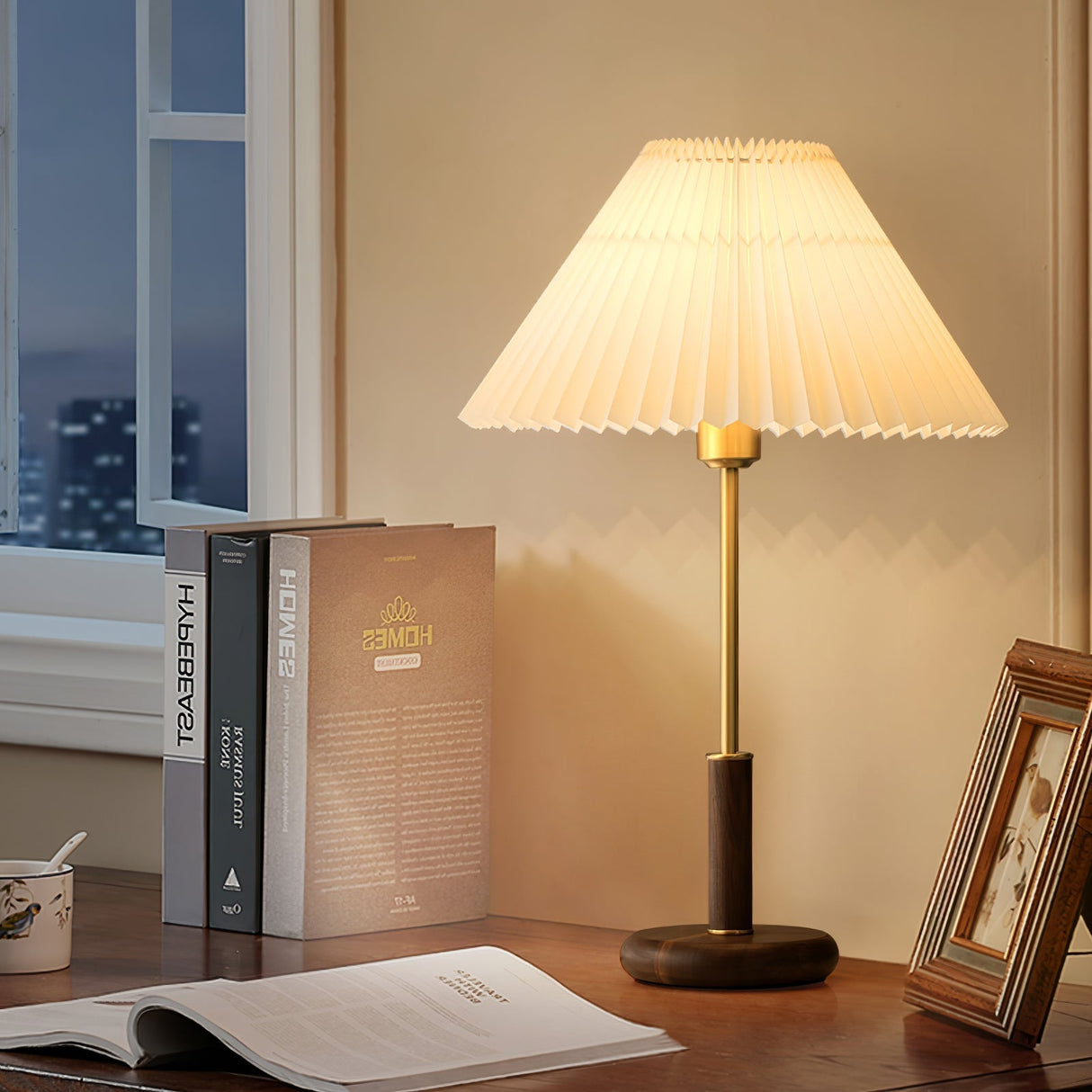 Mid-Century Table Lamp  Pleated Linen Shade with Gold  Walnut Base - Product example