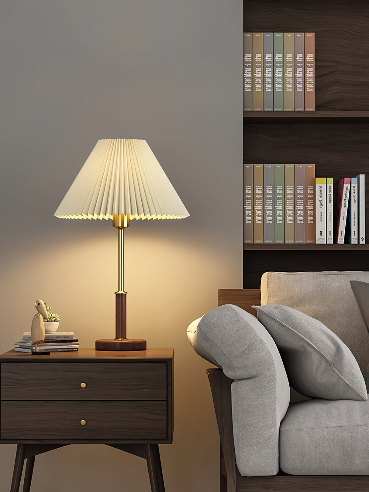 Mid-Century Table Lamp  Pleated Linen Shade with Gold  Walnut Base - Product detail 6