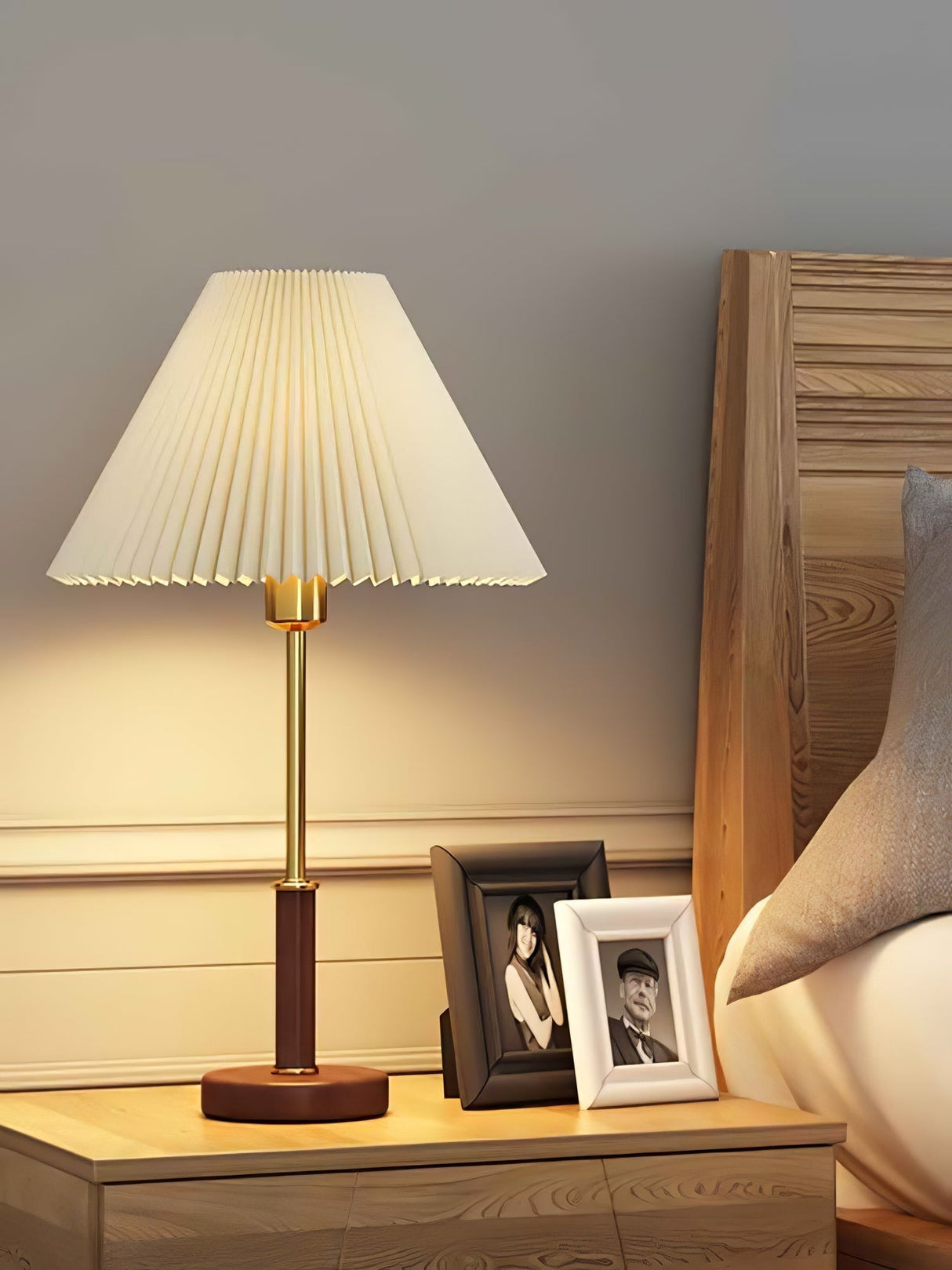 Mid-Century Table Lamp  Pleated Linen Shade with Gold  Walnut Base - Product detail 7