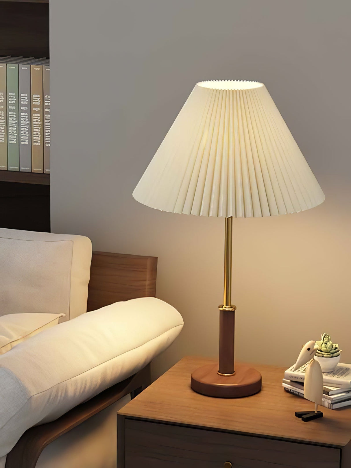 Mid-Century Table Lamp  Pleated Linen Shade with Gold  Walnut Base - Product detail 8