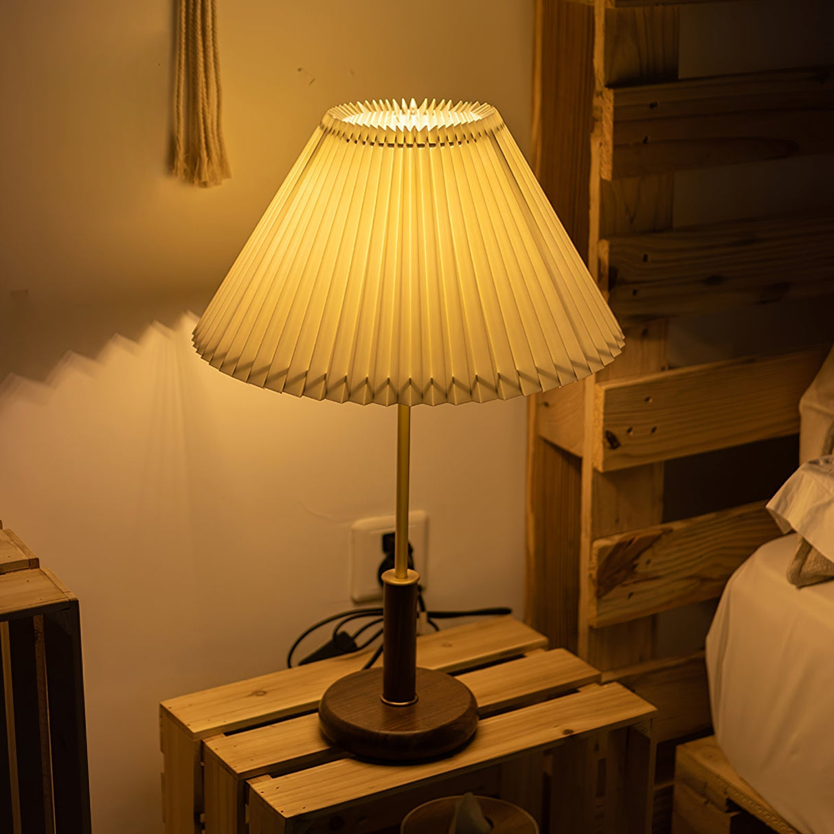 Mid-Century Table Lamp  Pleated Linen Shade with Gold  Walnut Base - Product detail 5