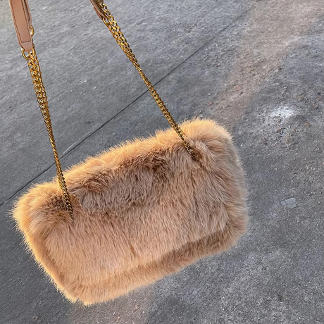 Faux Fur Shoulder Bag  Camel Chain Strap Clutch - Product showcase
