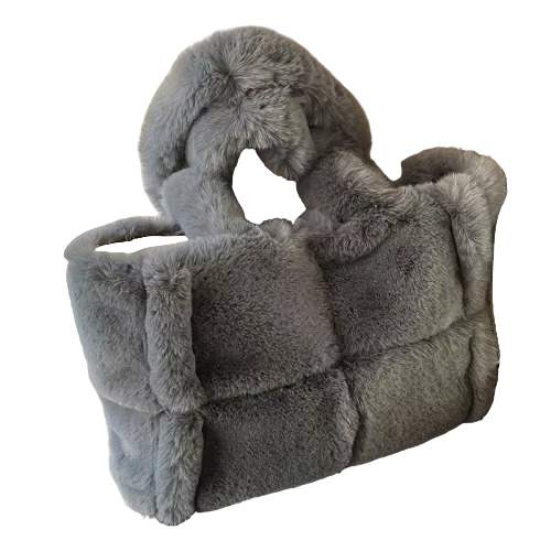 Faux Fur Shoulder Bag  Plush Gray Winter Tote - Product showcase