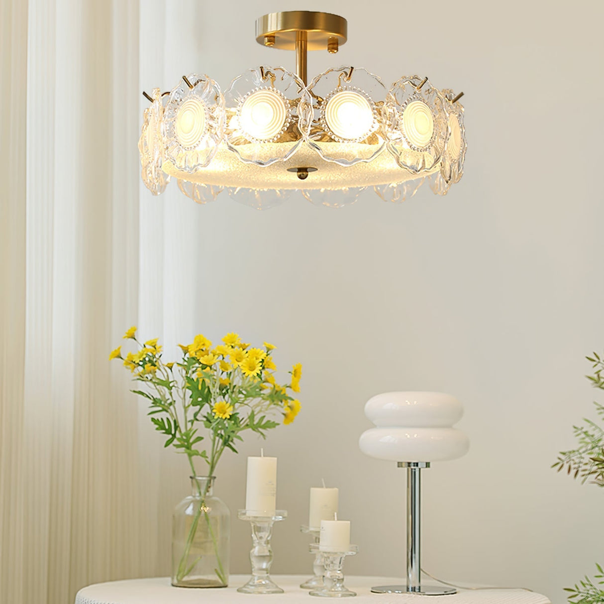Floral Glass Ceiling Light  Textured Clear Shade Gold Finish - Detailed view
