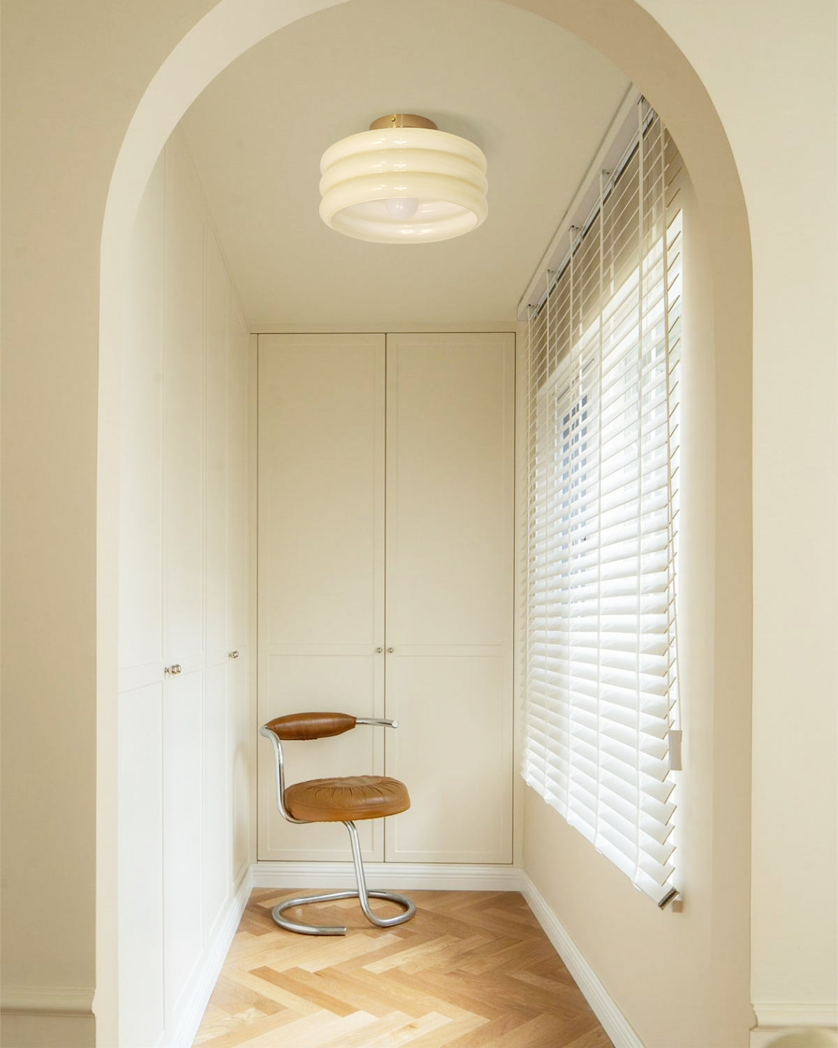 Art Deco Ceiling Light  Ribbed Glass Shade with Brass Mount - Detailed view