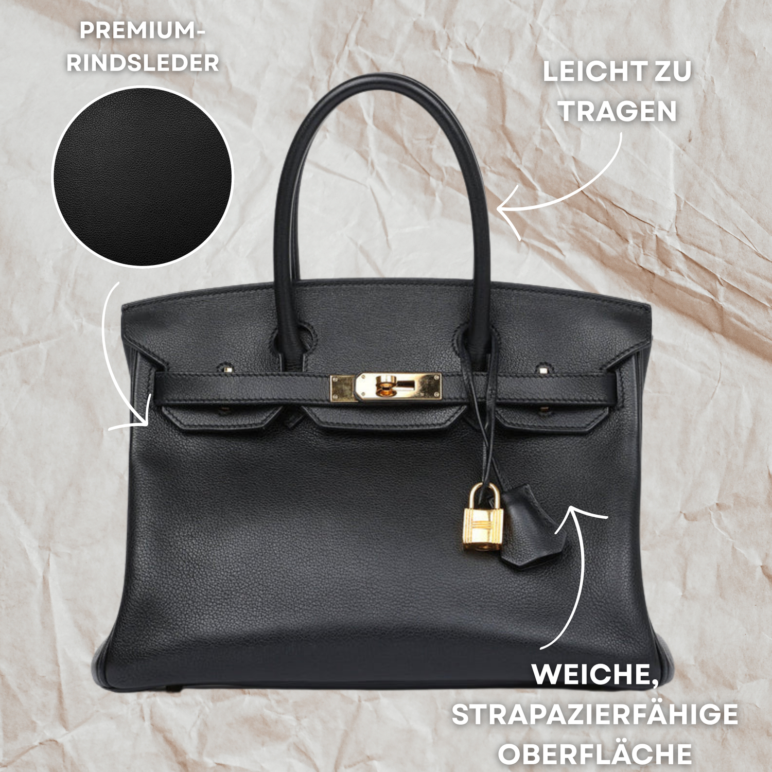 Classic Leather Tote Bag  Gold Hardware Lock Detail - Detailed view