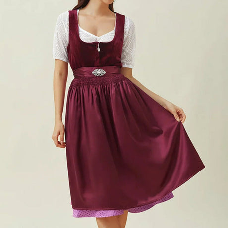 Traditional Dirndl Dress  Purple Velvet with Embellished Apron - Product showcase