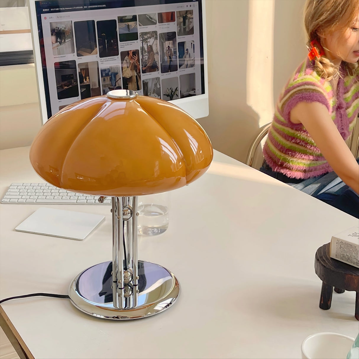 Retro Glass Desk Lamp  Orange Mushroom Shade Chrome Base - Product example
