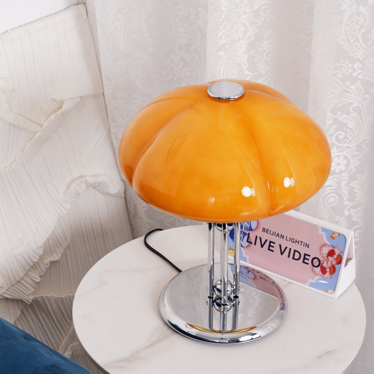 Retro Glass Desk Lamp  Orange Mushroom Shade Chrome Base - Product detail 11