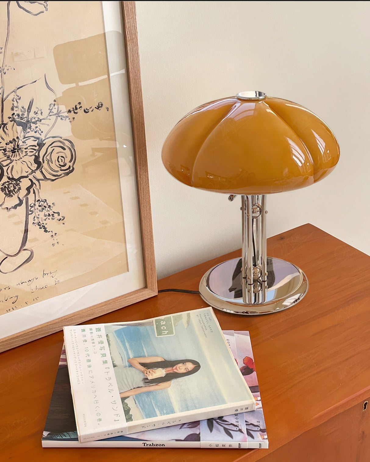 Retro Glass Desk Lamp  Orange Mushroom Shade Chrome Base - Product detail 4