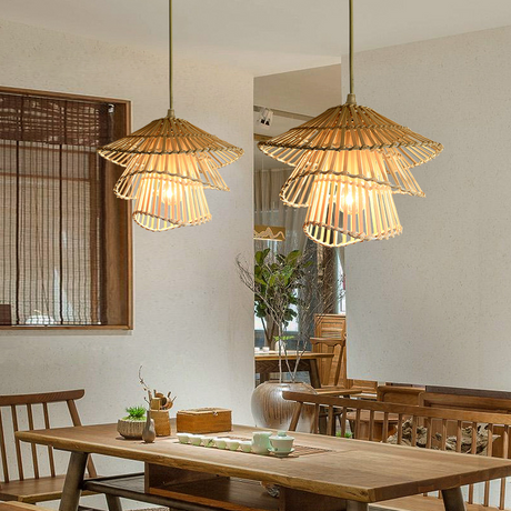 Japanese Pendant Light  Double-Tier Rattan Shade - Product showcase
