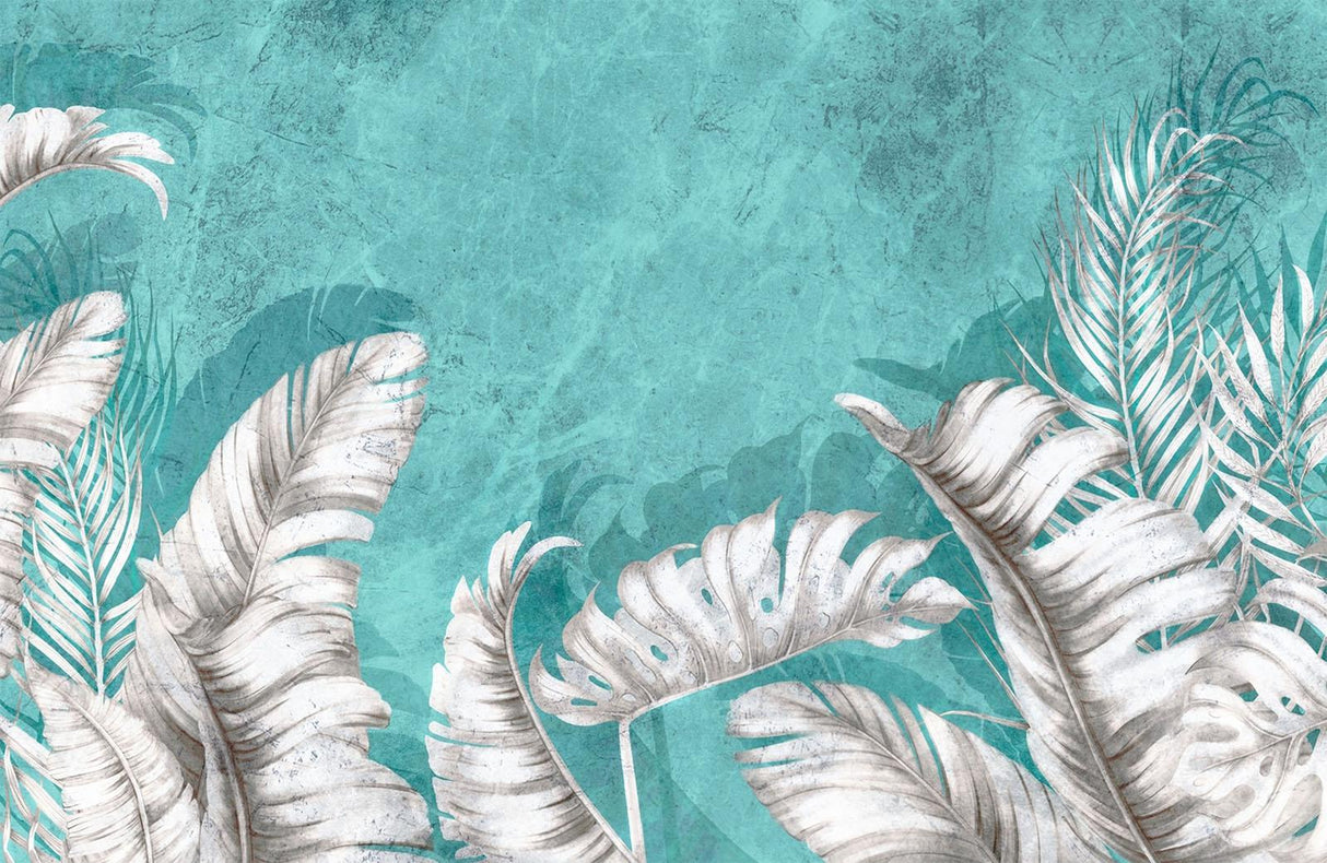 Tropical Mural Wallpaper | White Palm Leaves on Turquoise