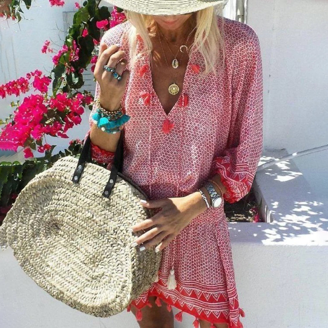 Bohemian Summer Mini Dress  Geometric Print with Tassel Details - Detailed view