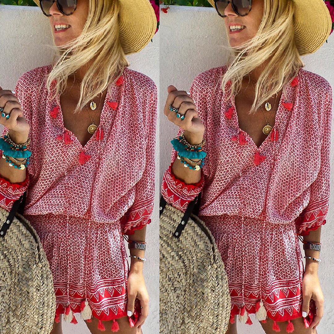 Bohemian Summer Mini Dress  Geometric Print with Tassel Details - Product example