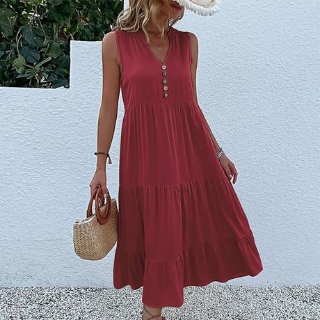 Bohemian Summer Dress  V-Neck Tiered Maxi with Button Detail - Product detail 12