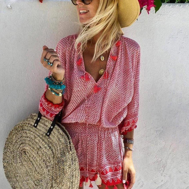 Bohemian Summer Mini Dress  Geometric Print with Tassel Details - Product showcase