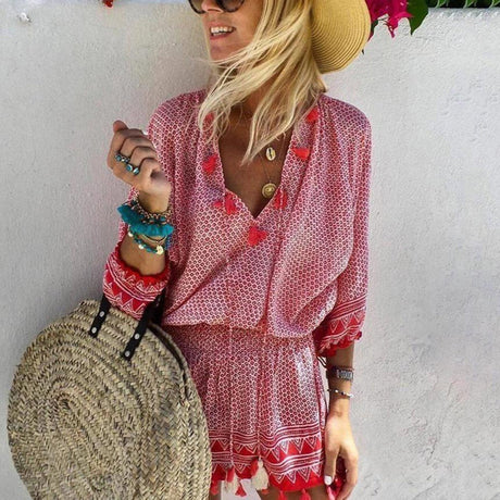 Bohemian Summer Mini Dress  Geometric Print with Tassel Details - Product detail 4