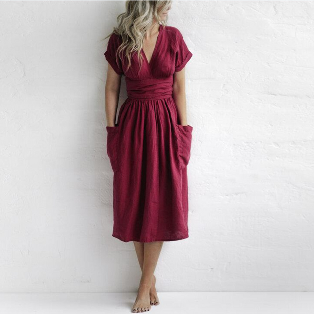 Linen Summer Midi Dress  V-Neck Empire Waist Design - Product showcase