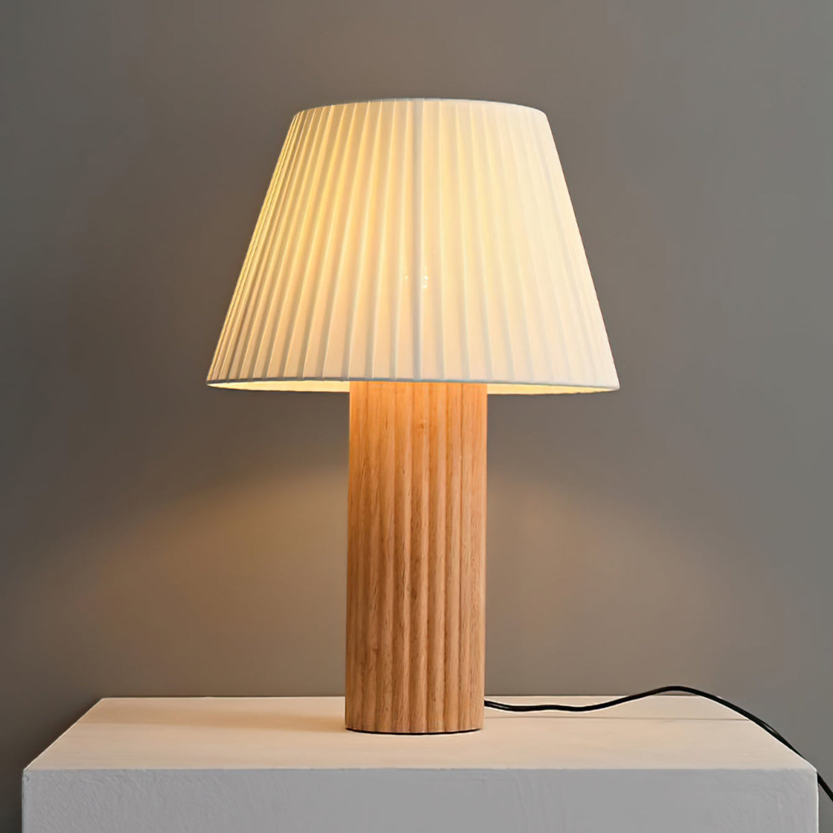 Modern Table Lamp  Ribbed Wood Base with Pleated Shade - Detailed view