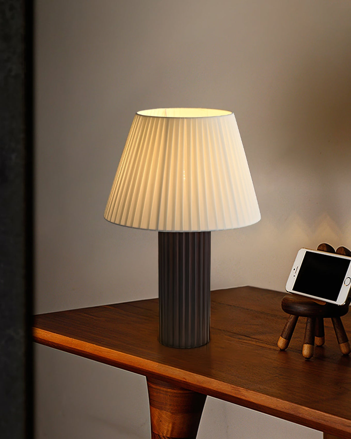 Modern Table Lamp  Ribbed Wood Base with Pleated Shade - Product detail 7