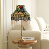 Vintage Table Lamp  Floral Fabric Shade With Beaded Fringe - Product example