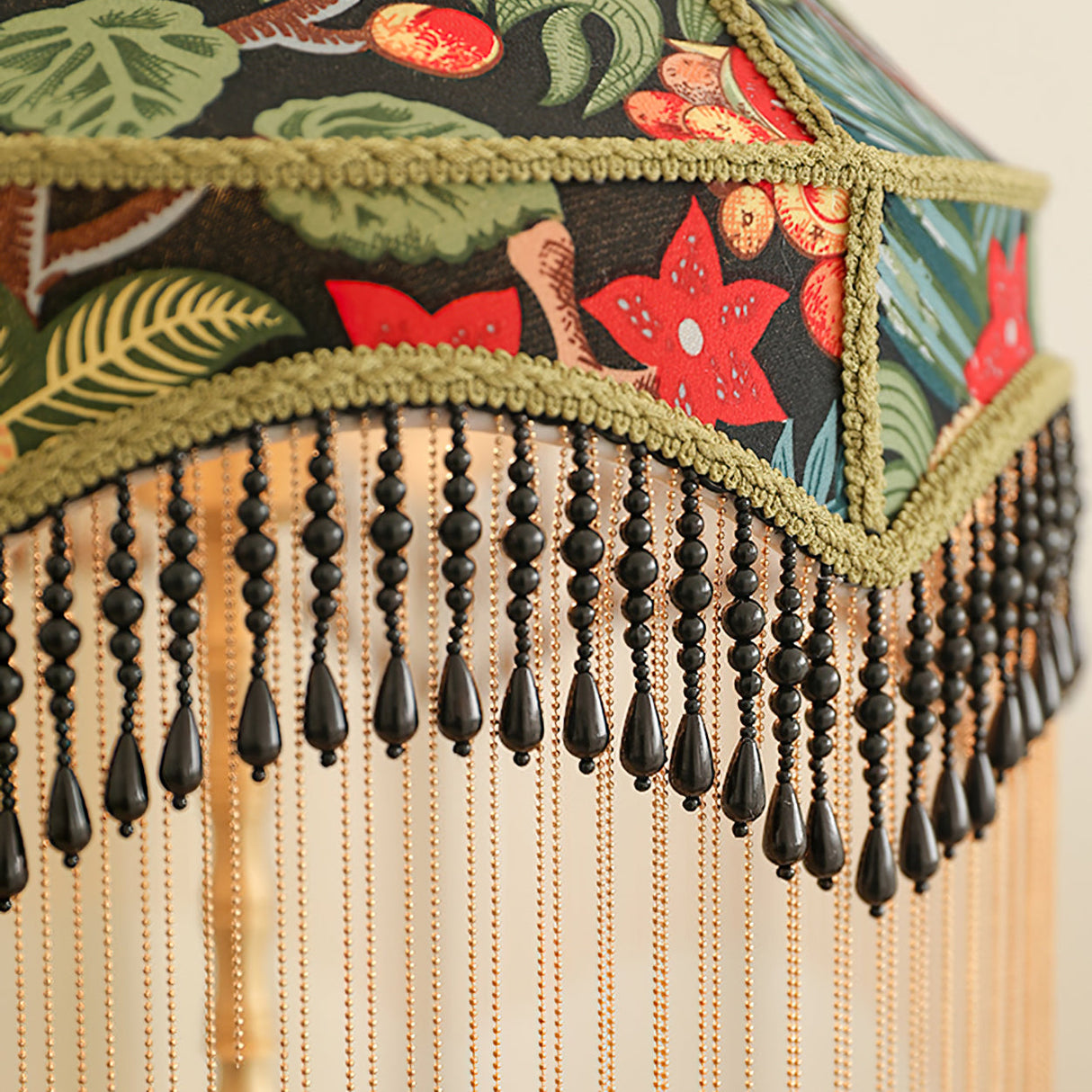 Vintage Table Lamp  Floral Fabric Shade With Beaded Fringe - Product detail 5