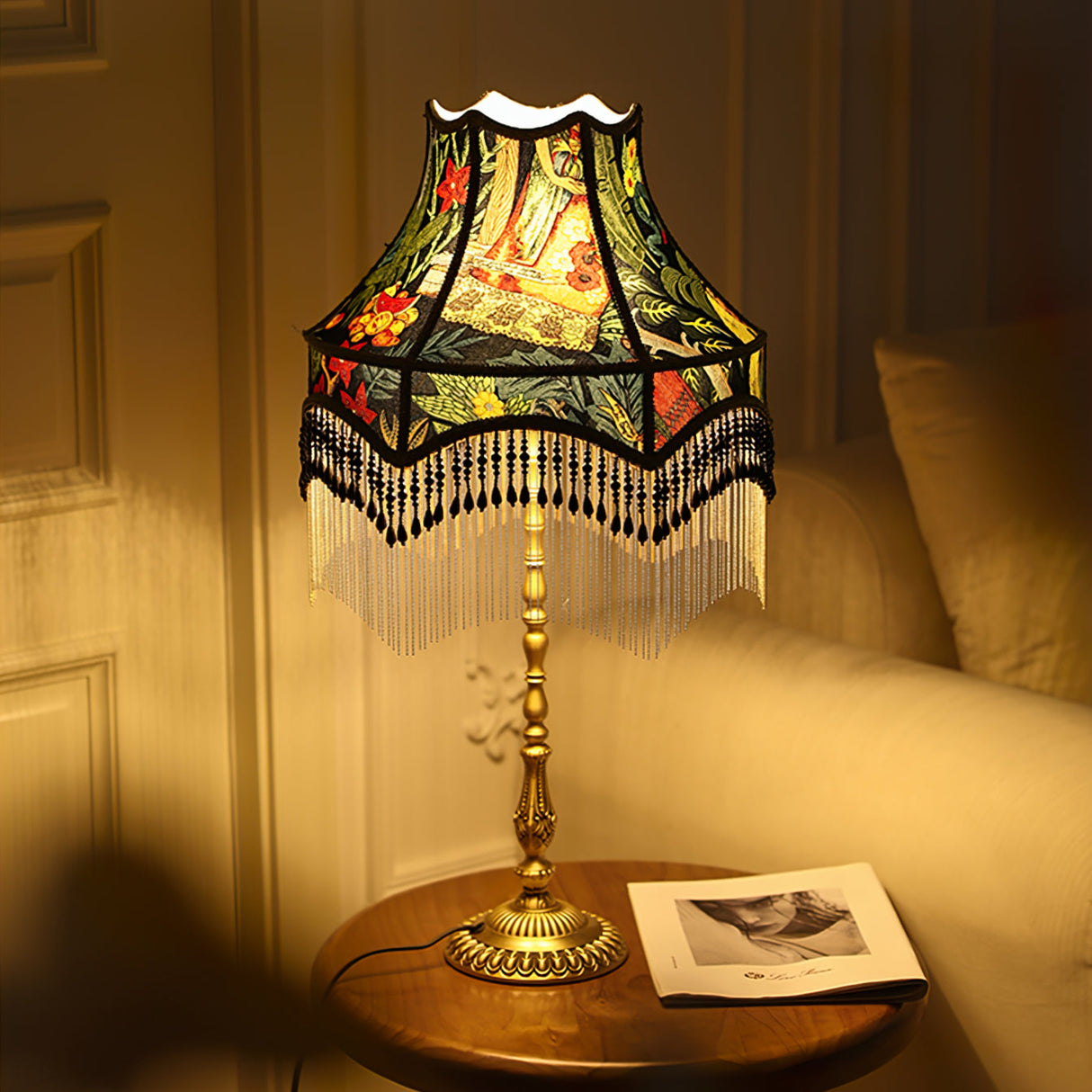 Vintage Table Lamp  Floral Fabric Shade With Beaded Fringe - Product detail 12