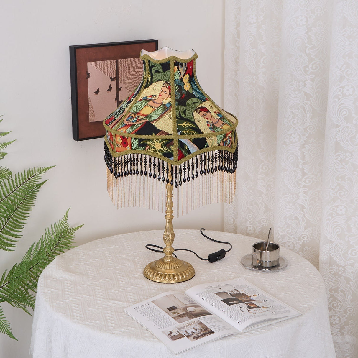 Vintage Table Lamp  Floral Fabric Shade With Beaded Fringe - Product detail 13