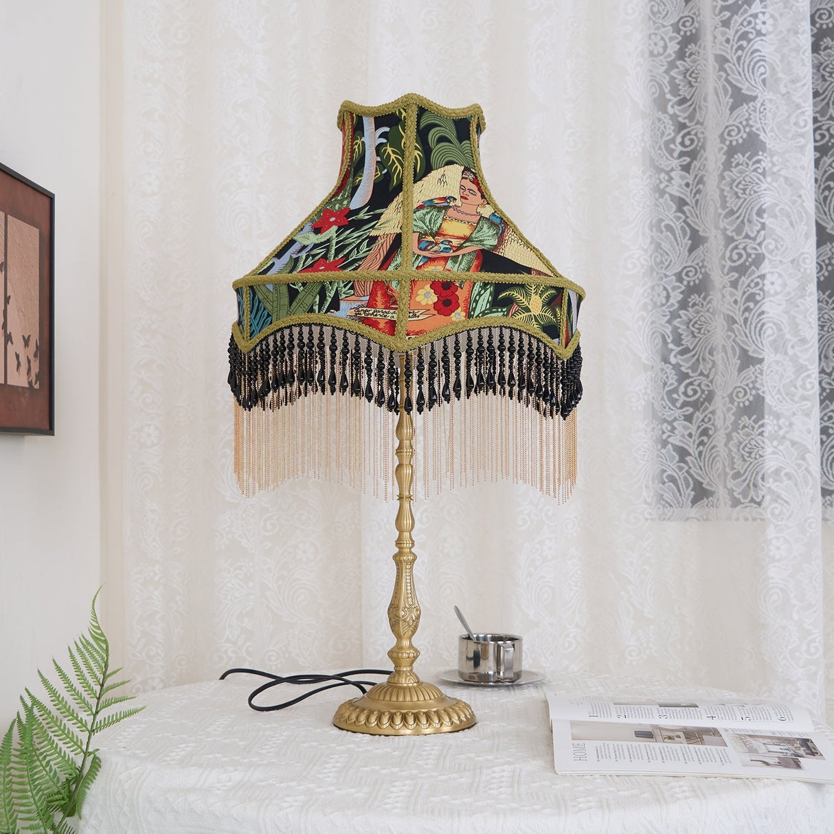 Vintage Table Lamp  Floral Fabric Shade With Beaded Fringe - Product detail 14