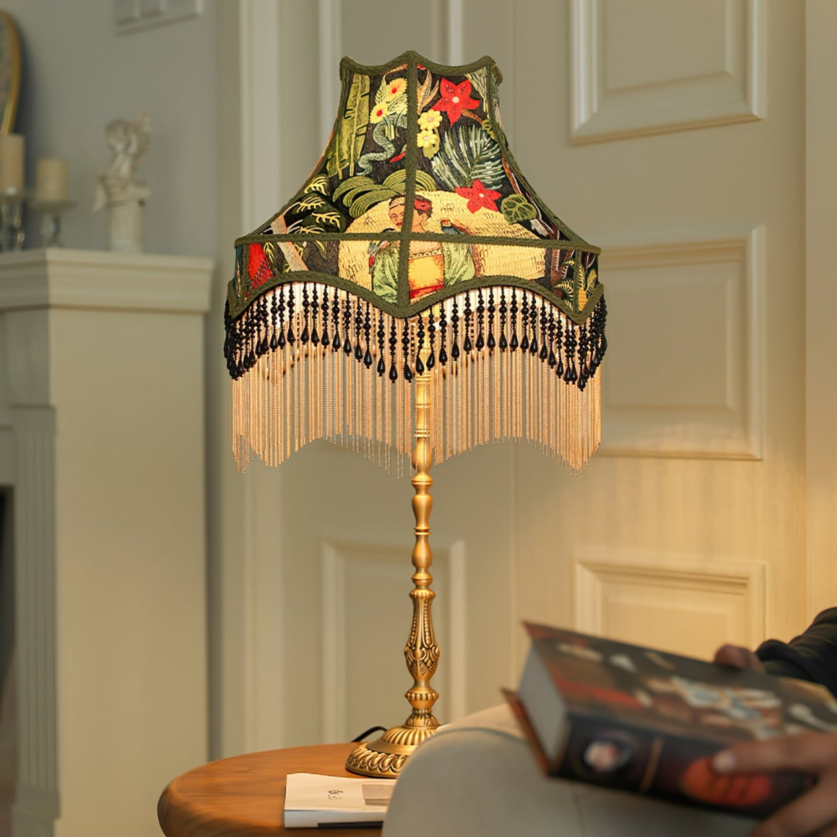 Vintage Table Lamp  Floral Fabric Shade With Beaded Fringe - Product detail 11