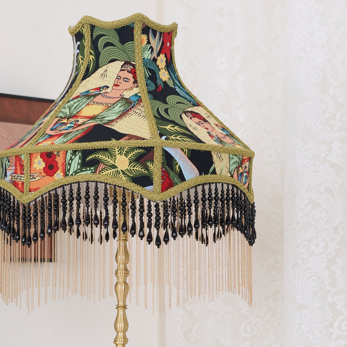 Vintage Table Lamp  Floral Fabric Shade With Beaded Fringe - Product detail 22