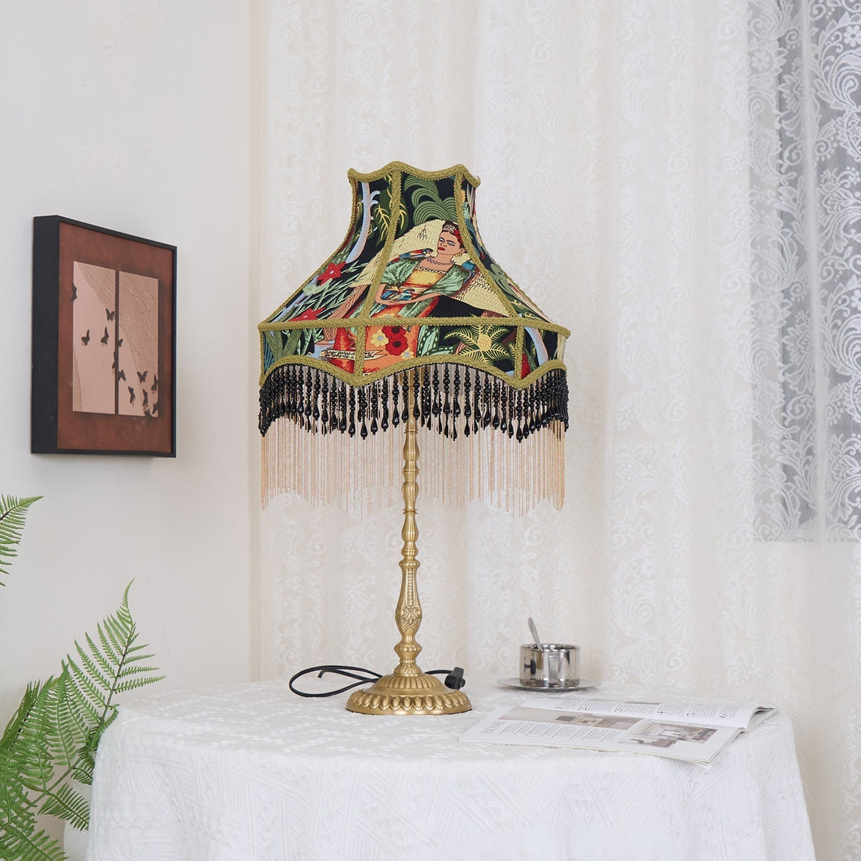 Vintage Table Lamp  Floral Fabric Shade With Beaded Fringe - Product detail 17