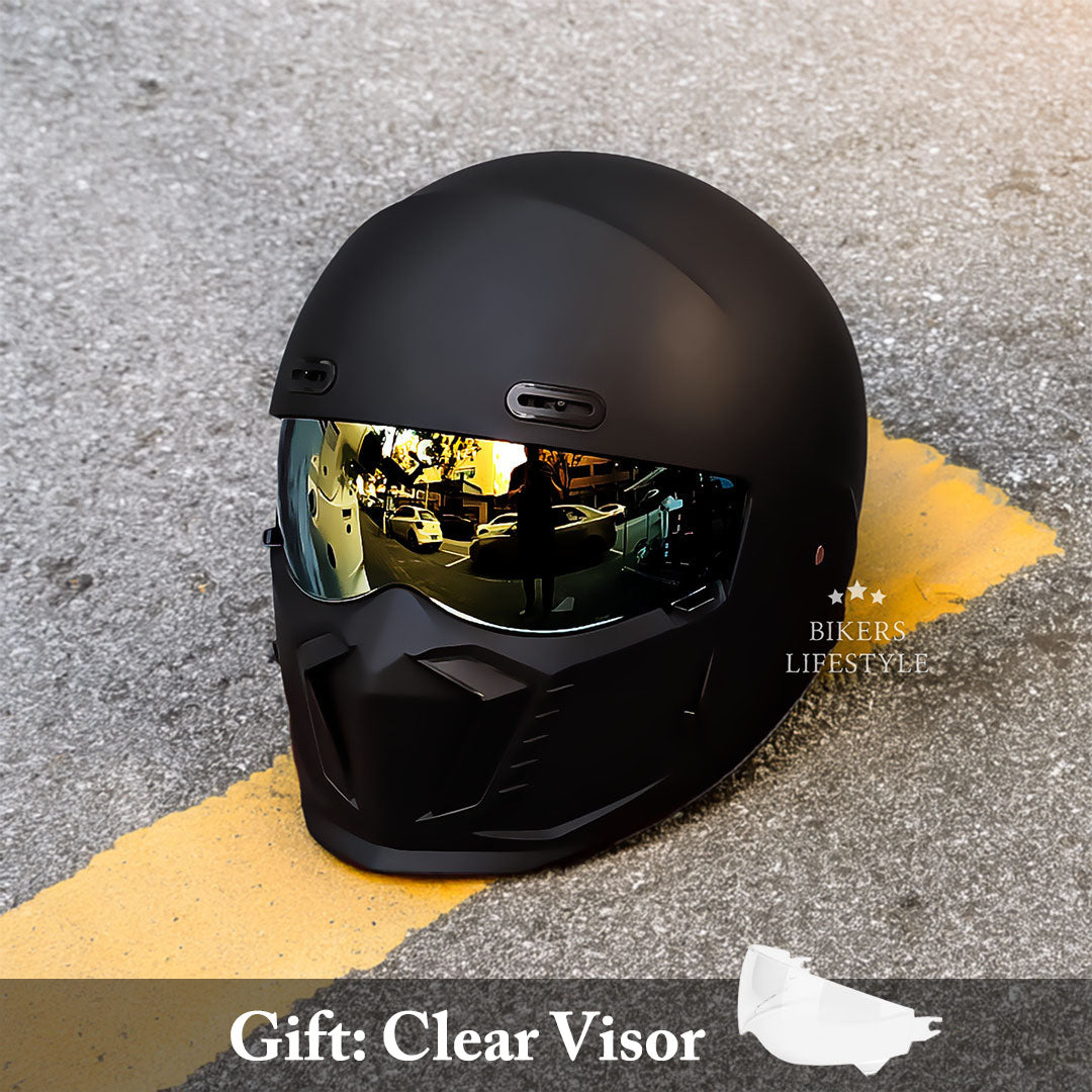 Matte Black Motorcycle Helmet  Retro Full Face Design - Product showcase