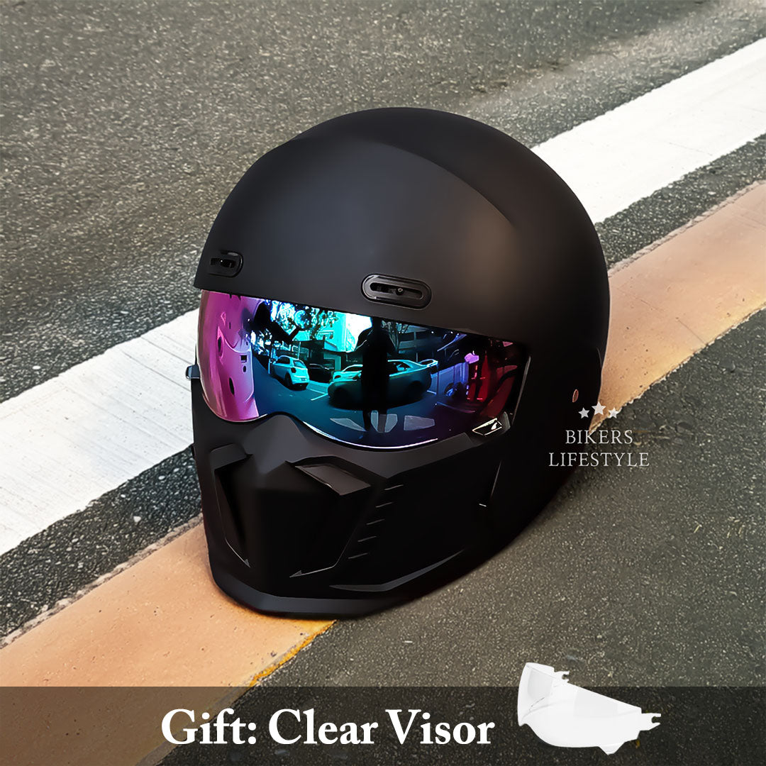 Matte Black Motorcycle Helmet  Retro Full Face Design - Detailed view