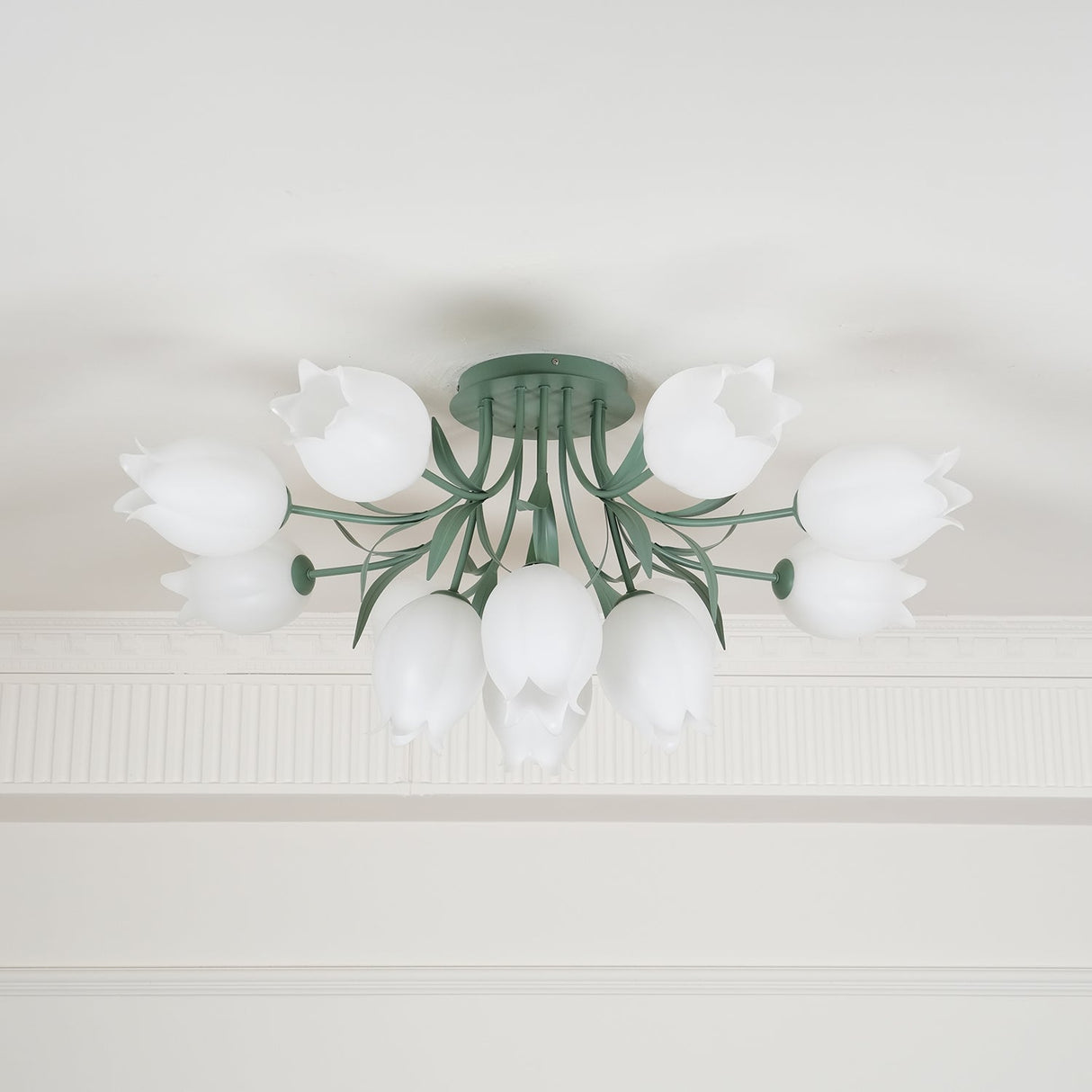 Floral Ceiling Light  White Tulip Glass Shades With Green Metal Base - Product detail 11