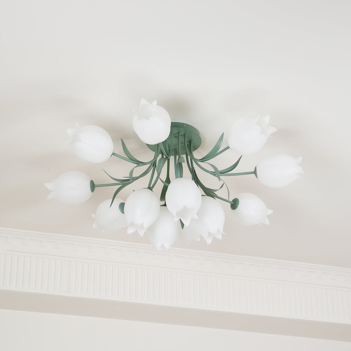Floral Ceiling Light  White Tulip Glass Shades With Green Metal Base - Product detail 37