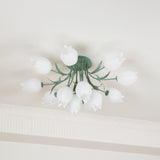 Floral Ceiling Light  White Tulip Glass Shades With Green Metal Base - Product detail 37