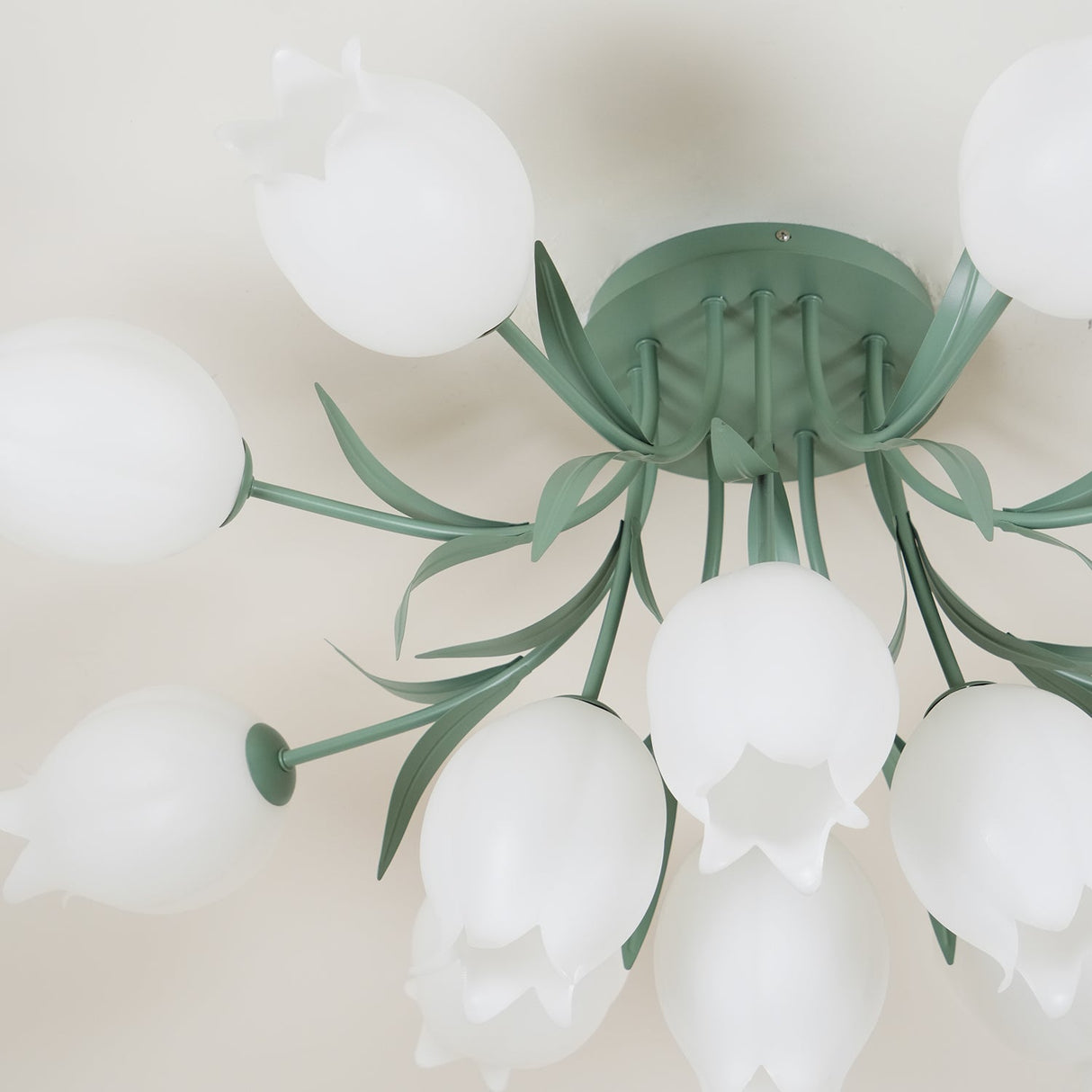Floral Ceiling Light  White Tulip Glass Shades With Green Metal Base - Product detail 13