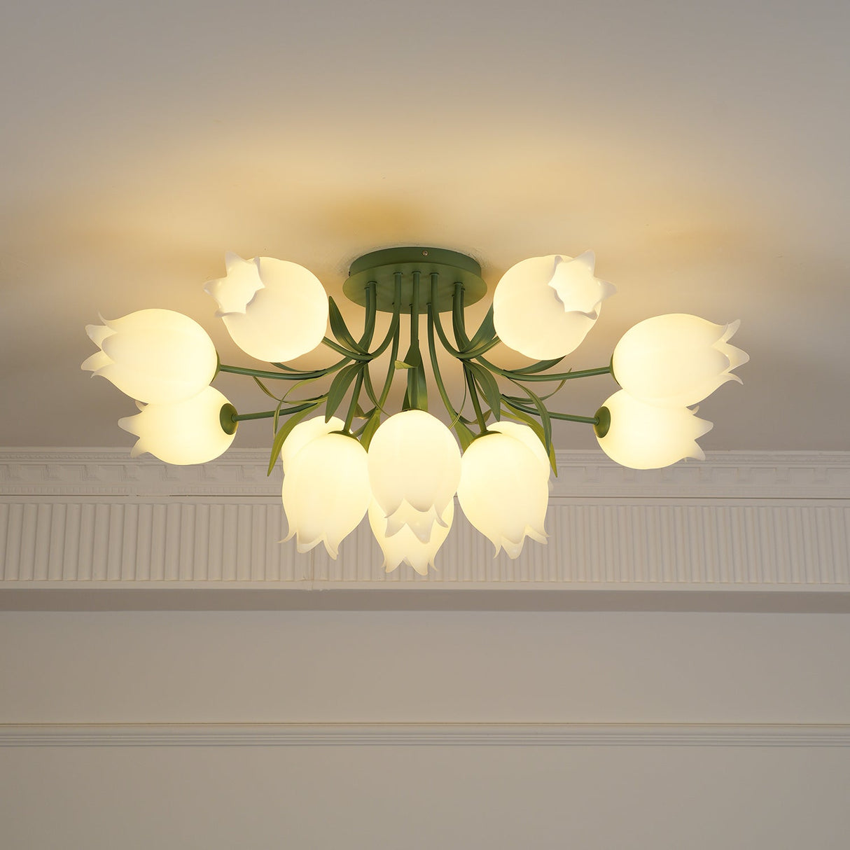 Floral Ceiling Light  White Tulip Glass Shades With Green Metal Base - Product detail 28