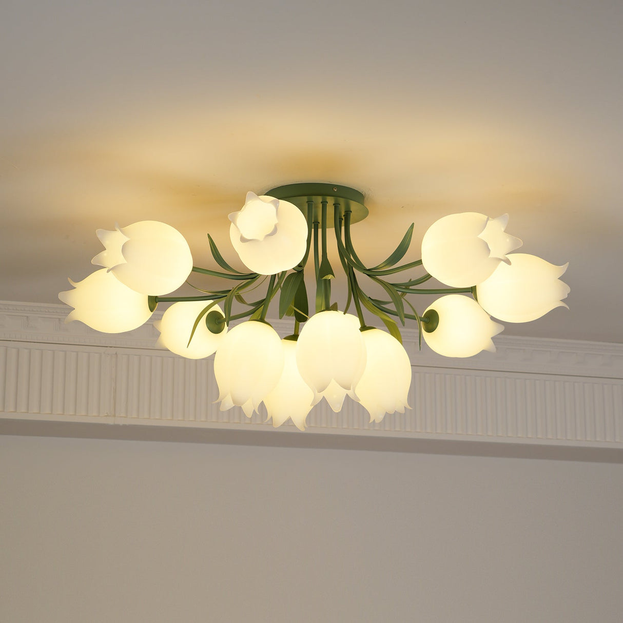 Floral Ceiling Light  White Tulip Glass Shades With Green Metal Base - Product detail 30