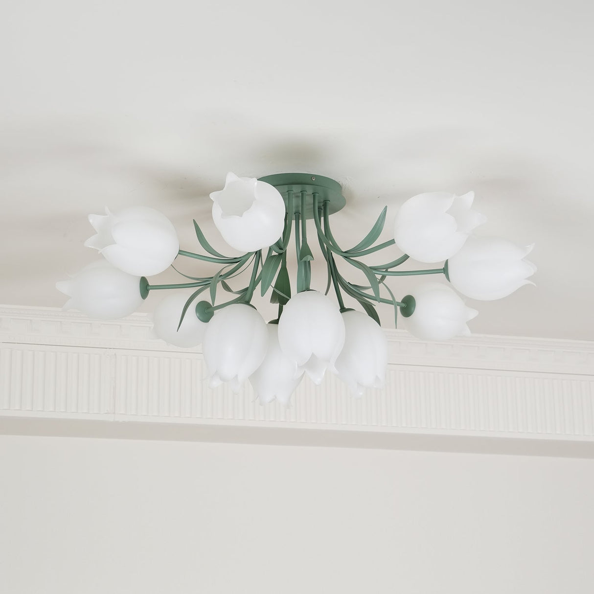 Floral Ceiling Light  White Tulip Glass Shades With Green Metal Base - Product detail 31