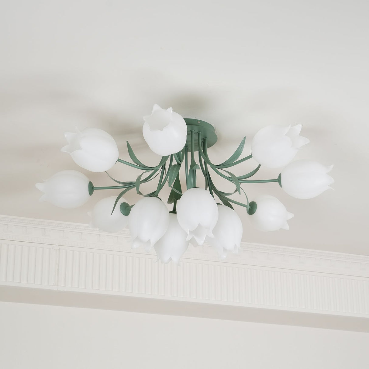 Floral Ceiling Light  White Tulip Glass Shades With Green Metal Base - Product detail 35