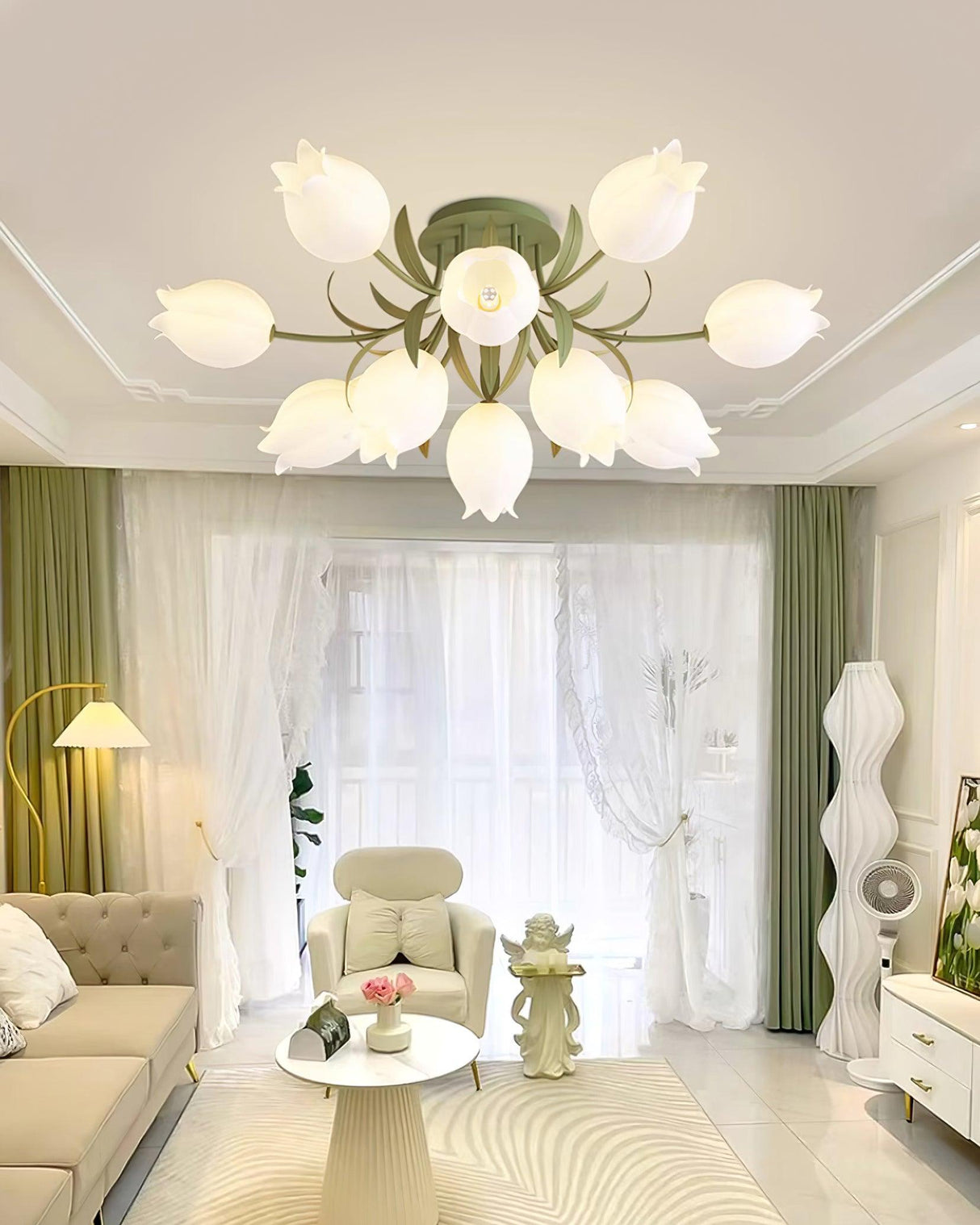 Floral Ceiling Light  White Tulip Glass Shades With Green Metal Base - Product detail 6